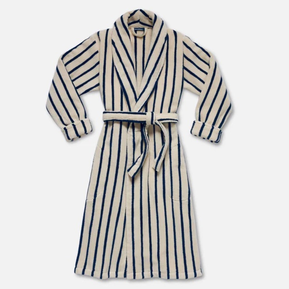 NWT Brooklinen Super Plush Navy Stripe Cotton Bath Robe